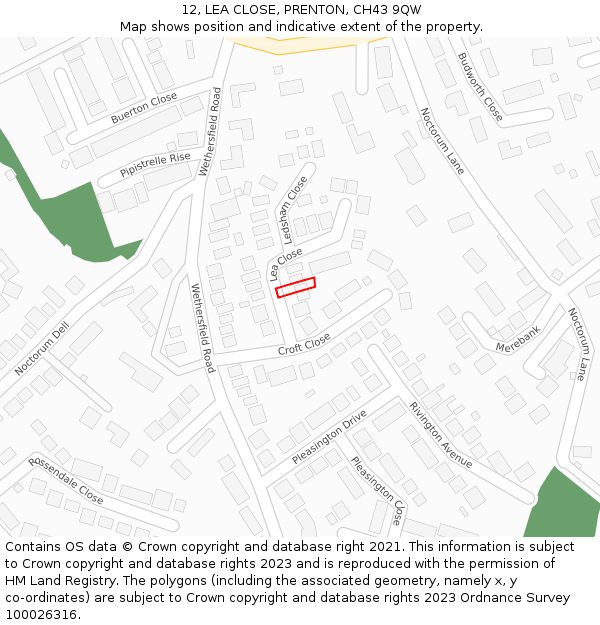 12, LEA CLOSE, PRENTON, CH43 9QW: Location map and indicative extent of plot