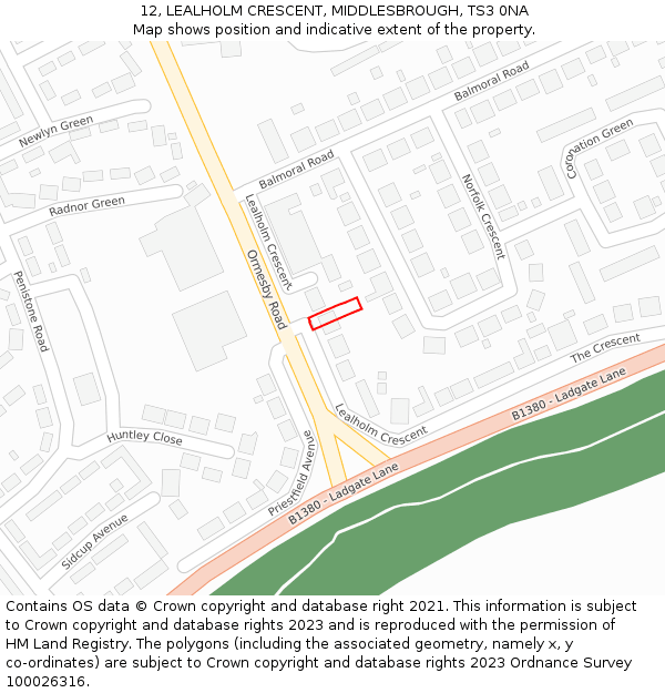 12, LEALHOLM CRESCENT, MIDDLESBROUGH, TS3 0NA: Location map and indicative extent of plot