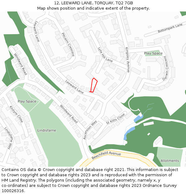 12, LEEWARD LANE, TORQUAY, TQ2 7GB: Location map and indicative extent of plot