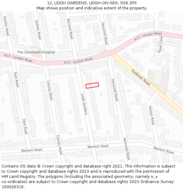 12, LEIGH GARDENS, LEIGH-ON-SEA, SS9 2PX: Location map and indicative extent of plot