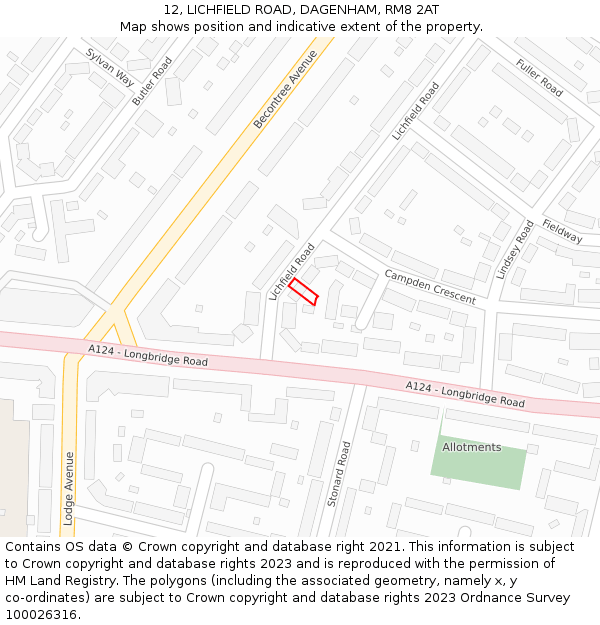 12, LICHFIELD ROAD, DAGENHAM, RM8 2AT: Location map and indicative extent of plot