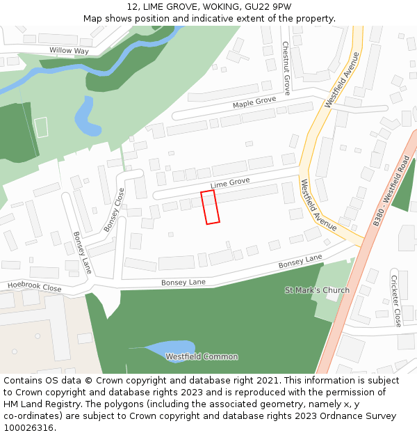 12, LIME GROVE, WOKING, GU22 9PW: Location map and indicative extent of plot