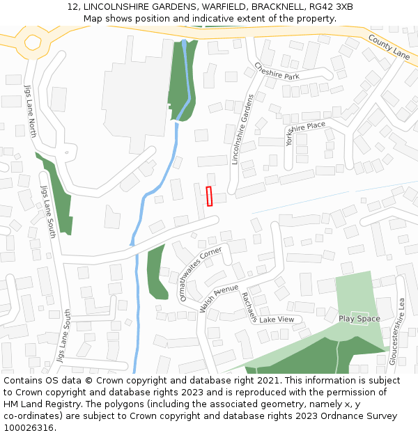 12, LINCOLNSHIRE GARDENS, WARFIELD, BRACKNELL, RG42 3XB: Location map and indicative extent of plot