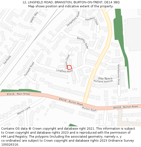 12, LINGFIELD ROAD, BRANSTON, BURTON-ON-TRENT, DE14 3BQ: Location map and indicative extent of plot