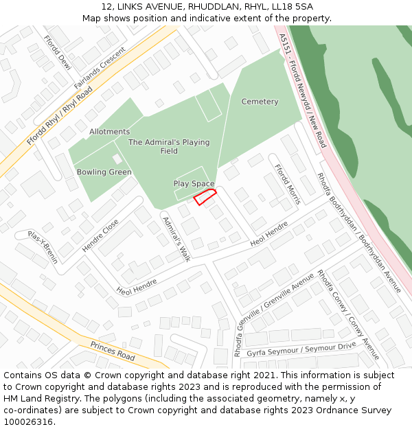 12, LINKS AVENUE, RHUDDLAN, RHYL, LL18 5SA: Location map and indicative extent of plot