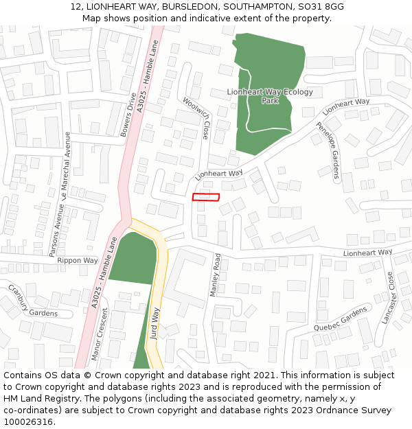 12, LIONHEART WAY, BURSLEDON, SOUTHAMPTON, SO31 8GG: Location map and indicative extent of plot