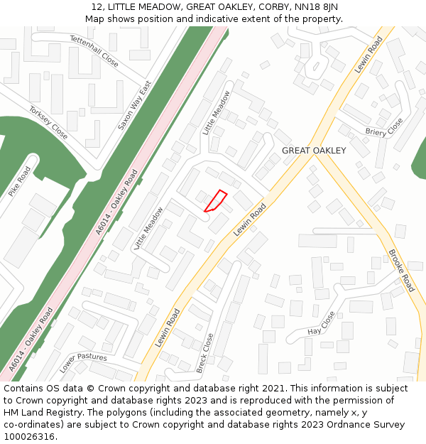 12, LITTLE MEADOW, GREAT OAKLEY, CORBY, NN18 8JN: Location map and indicative extent of plot