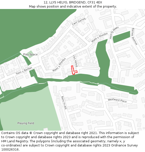 12, LLYS HELYG, BRIDGEND, CF31 4EX: Location map and indicative extent of plot