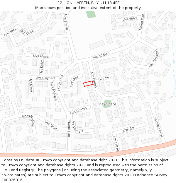 12, LON HAFREN, RHYL, LL18 4FE: Location map and indicative extent of plot