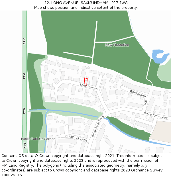 12, LONG AVENUE, SAXMUNDHAM, IP17 1WG: Location map and indicative extent of plot