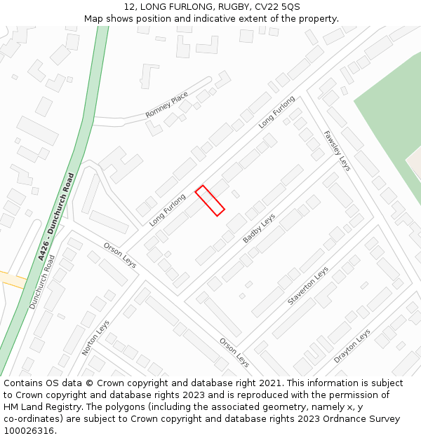 12, LONG FURLONG, RUGBY, CV22 5QS: Location map and indicative extent of plot