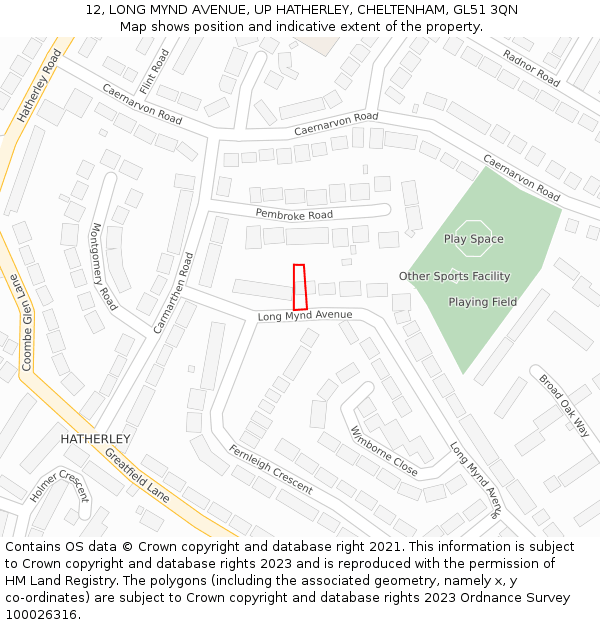 12, LONG MYND AVENUE, UP HATHERLEY, CHELTENHAM, GL51 3QN: Location map and indicative extent of plot