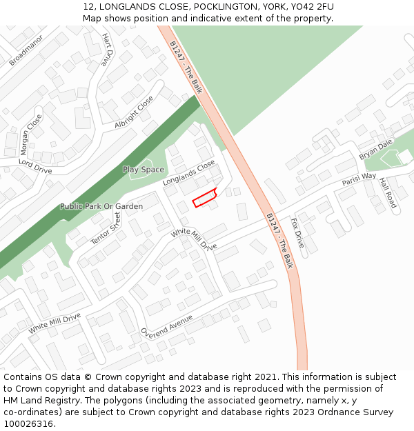 12, LONGLANDS CLOSE, POCKLINGTON, YORK, YO42 2FU: Location map and indicative extent of plot