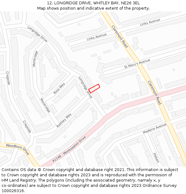 12, LONGRIDGE DRIVE, WHITLEY BAY, NE26 3EL: Location map and indicative extent of plot