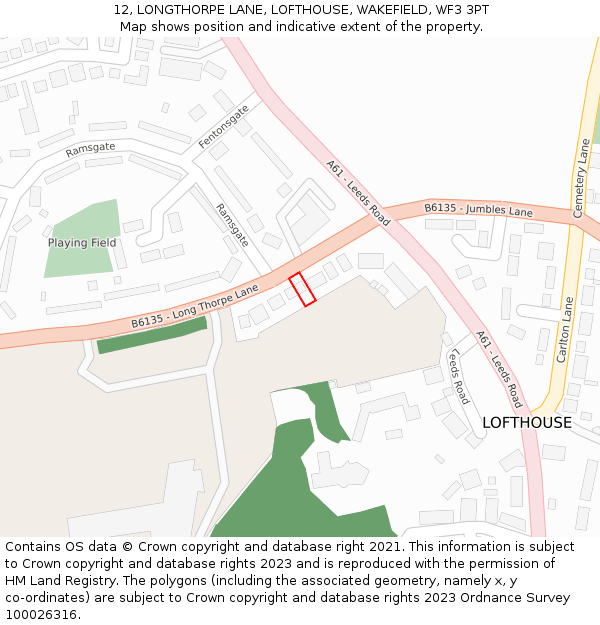 12, LONGTHORPE LANE, LOFTHOUSE, WAKEFIELD, WF3 3PT: Location map and indicative extent of plot
