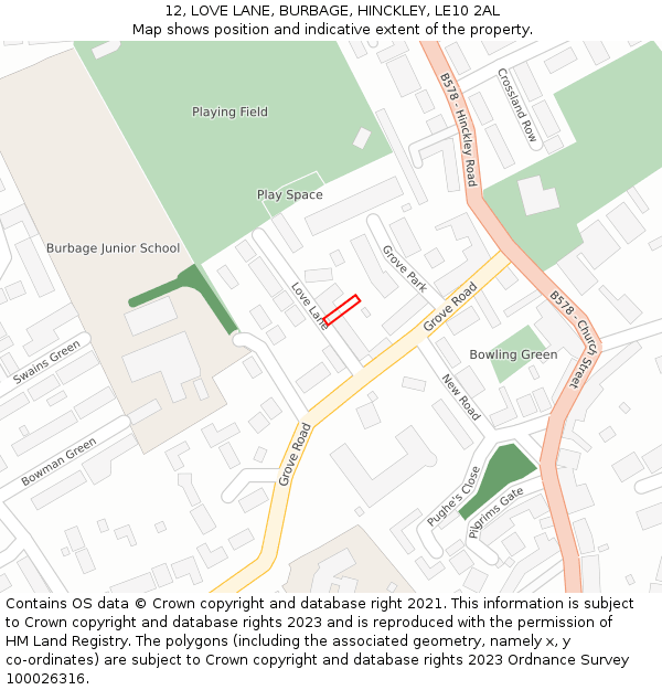 12, LOVE LANE, BURBAGE, HINCKLEY, LE10 2AL: Location map and indicative extent of plot