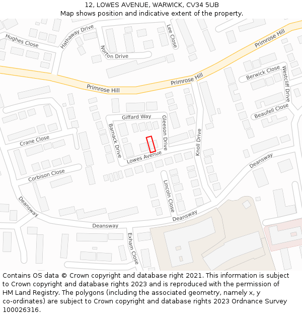 12, LOWES AVENUE, WARWICK, CV34 5UB: Location map and indicative extent of plot