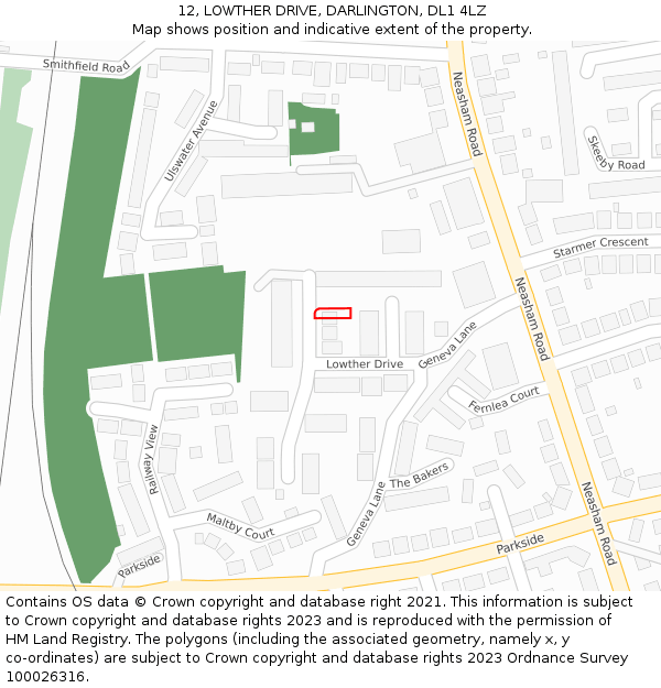 12, LOWTHER DRIVE, DARLINGTON, DL1 4LZ: Location map and indicative extent of plot