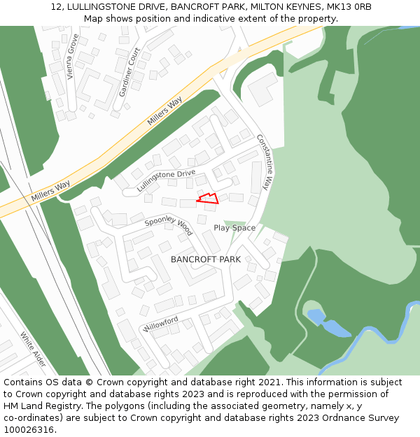 12, LULLINGSTONE DRIVE, BANCROFT PARK, MILTON KEYNES, MK13 0RB: Location map and indicative extent of plot