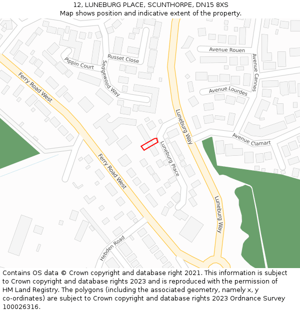 12, LUNEBURG PLACE, SCUNTHORPE, DN15 8XS: Location map and indicative extent of plot
