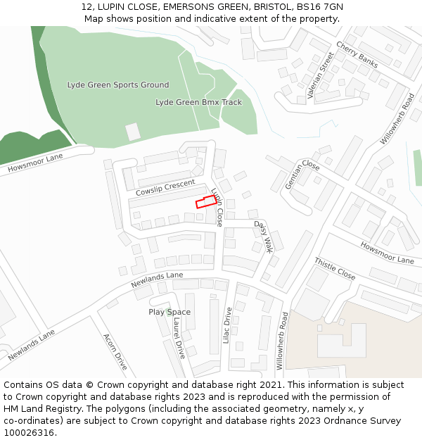 12, LUPIN CLOSE, EMERSONS GREEN, BRISTOL, BS16 7GN: Location map and indicative extent of plot