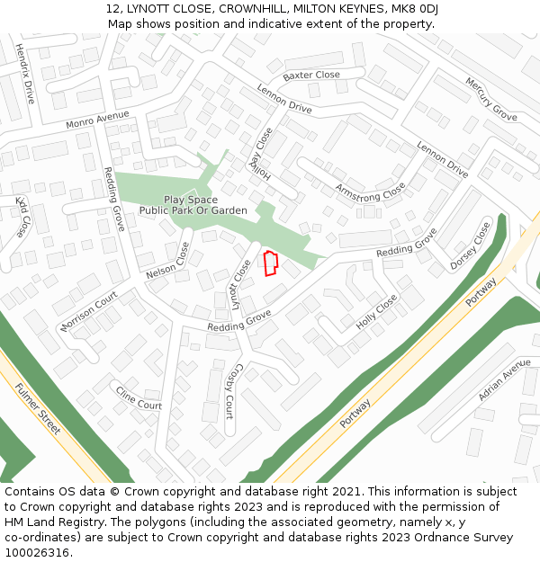 12, LYNOTT CLOSE, CROWNHILL, MILTON KEYNES, MK8 0DJ: Location map and indicative extent of plot