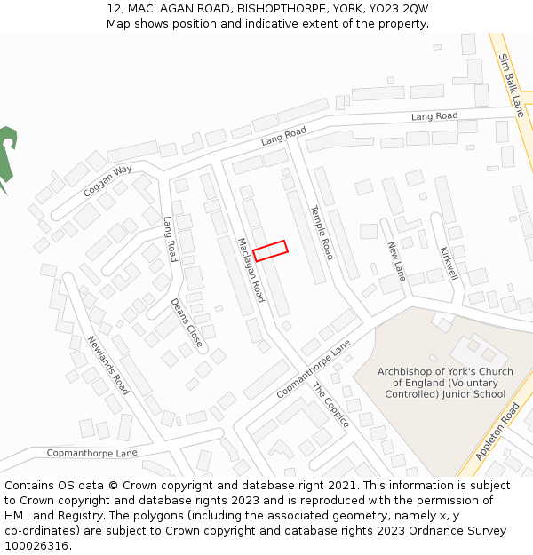 12, MACLAGAN ROAD, BISHOPTHORPE, YORK, YO23 2QW: Location map and indicative extent of plot