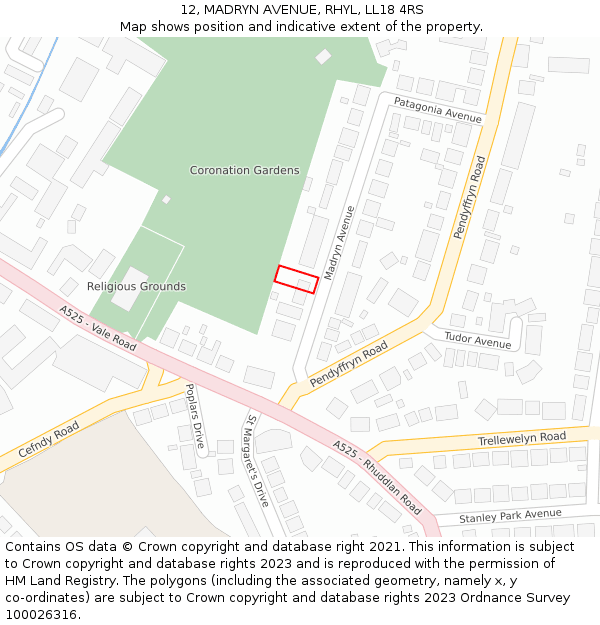 12, MADRYN AVENUE, RHYL, LL18 4RS: Location map and indicative extent of plot