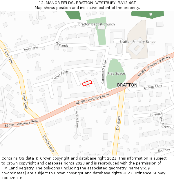 12, MANOR FIELDS, BRATTON, WESTBURY, BA13 4ST: Location map and indicative extent of plot