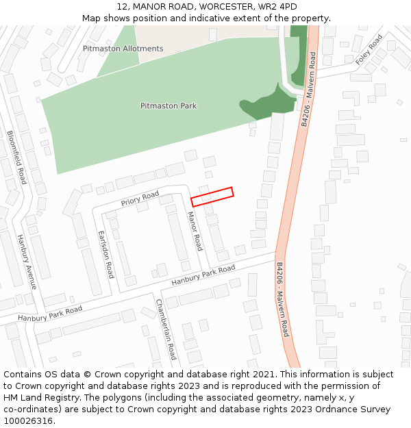 12, MANOR ROAD, WORCESTER, WR2 4PD: Location map and indicative extent of plot