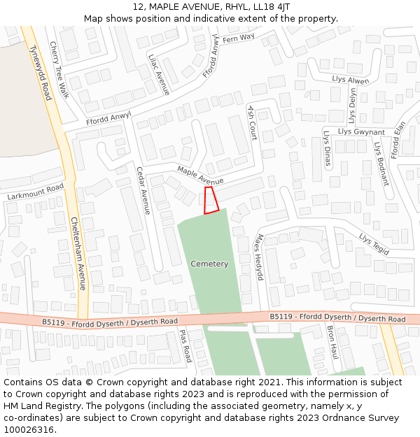 12, MAPLE AVENUE, RHYL, LL18 4JT: Location map and indicative extent of plot