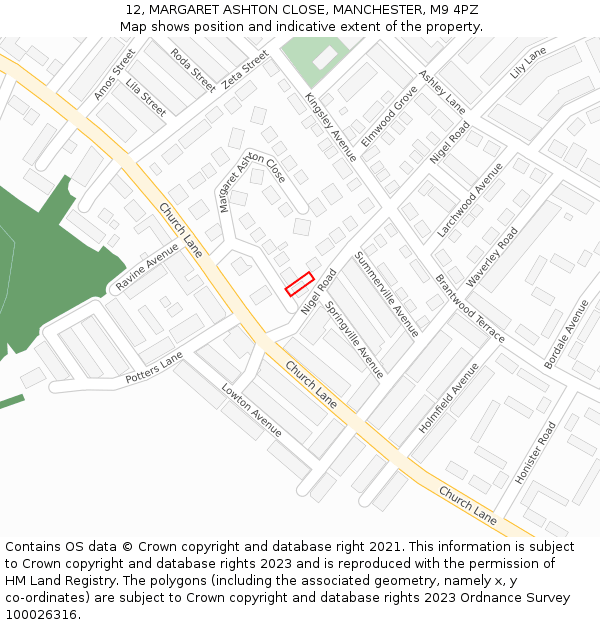 12, MARGARET ASHTON CLOSE, MANCHESTER, M9 4PZ: Location map and indicative extent of plot