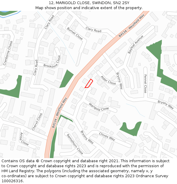 12, MARIGOLD CLOSE, SWINDON, SN2 2SY: Location map and indicative extent of plot