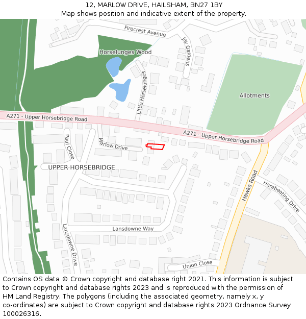 12, MARLOW DRIVE, HAILSHAM, BN27 1BY: Location map and indicative extent of plot