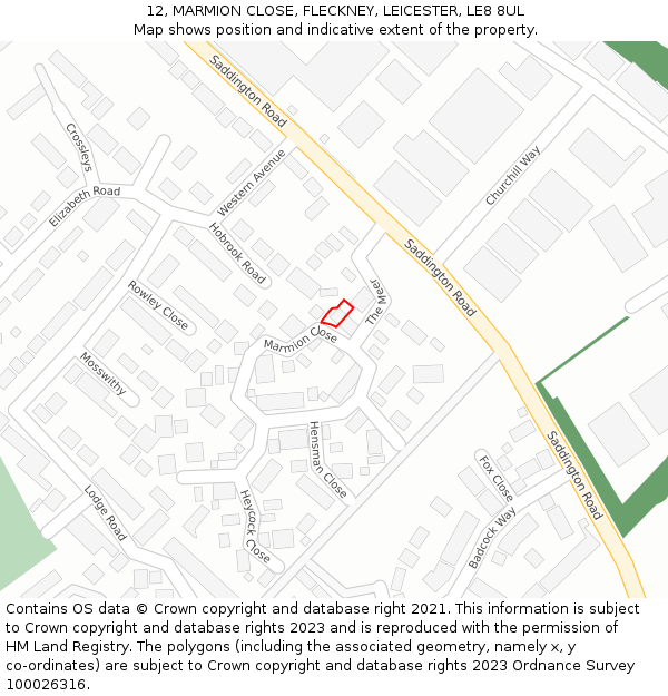 12, MARMION CLOSE, FLECKNEY, LEICESTER, LE8 8UL: Location map and indicative extent of plot