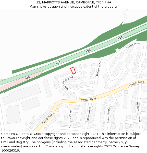 12, MARRIOTTS AVENUE, CAMBORNE, TR14 7HA: Location map and indicative extent of plot