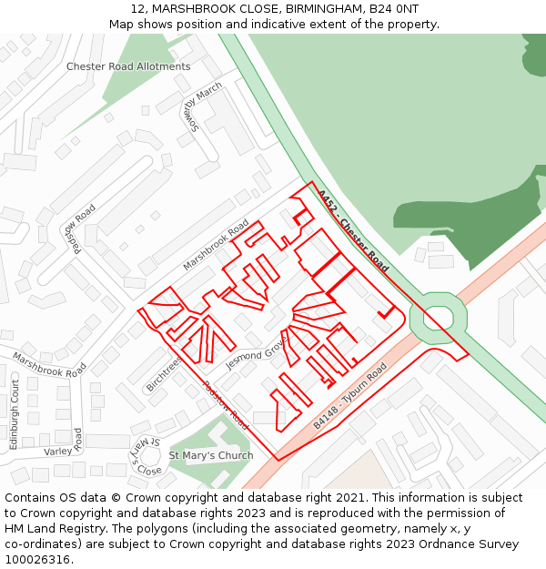 12, MARSHBROOK CLOSE, BIRMINGHAM, B24 0NT: Location map and indicative extent of plot