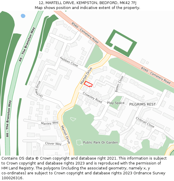 12, MARTELL DRIVE, KEMPSTON, BEDFORD, MK42 7FJ: Location map and indicative extent of plot