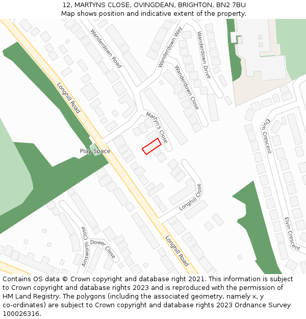 12, MARTYNS CLOSE, OVINGDEAN, BRIGHTON, BN2 7BU: Location map and indicative extent of plot