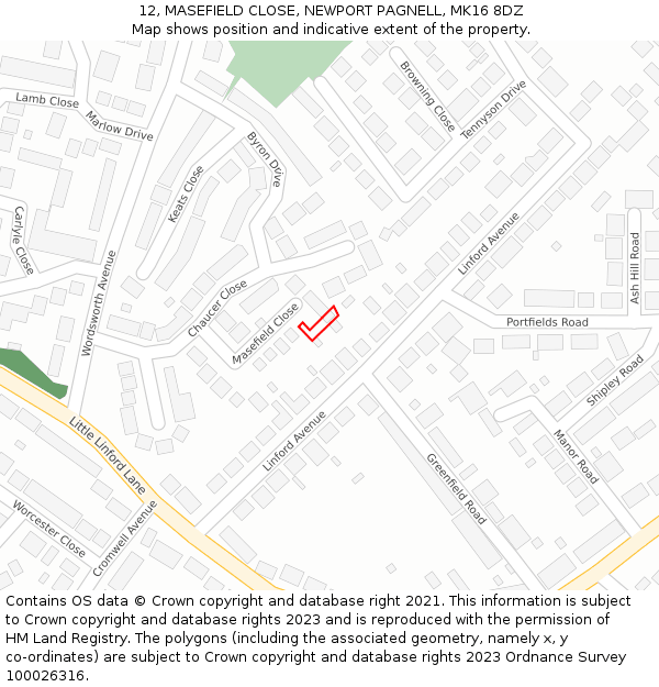 12, MASEFIELD CLOSE, NEWPORT PAGNELL, MK16 8DZ: Location map and indicative extent of plot