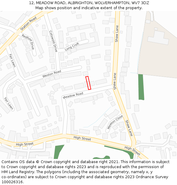 12, MEADOW ROAD, ALBRIGHTON, WOLVERHAMPTON, WV7 3DZ: Location map and indicative extent of plot