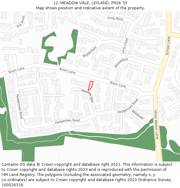 12, MEADOW VALE, LEYLAND, PR26 7JY: Location map and indicative extent of plot