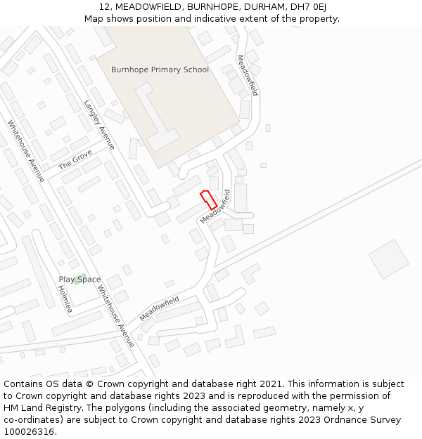 12, MEADOWFIELD, BURNHOPE, DURHAM, DH7 0EJ: Location map and indicative extent of plot