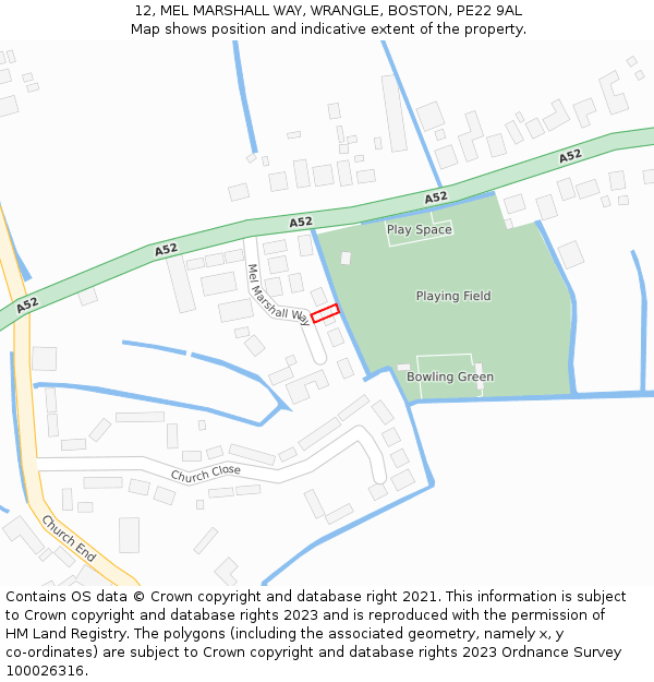 12, MEL MARSHALL WAY, WRANGLE, BOSTON, PE22 9AL: Location map and indicative extent of plot