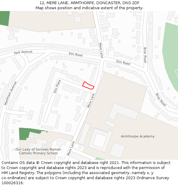 12, MERE LANE, ARMTHORPE, DONCASTER, DN3 2DF: Location map and indicative extent of plot