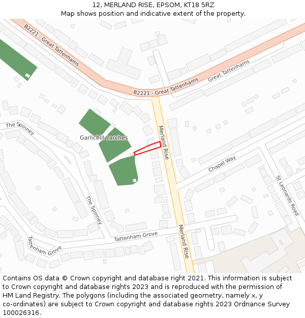 12, MERLAND RISE, EPSOM, KT18 5RZ: Location map and indicative extent of plot