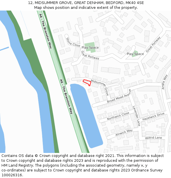 12, MIDSUMMER GROVE, GREAT DENHAM, BEDFORD, MK40 4SE: Location map and indicative extent of plot