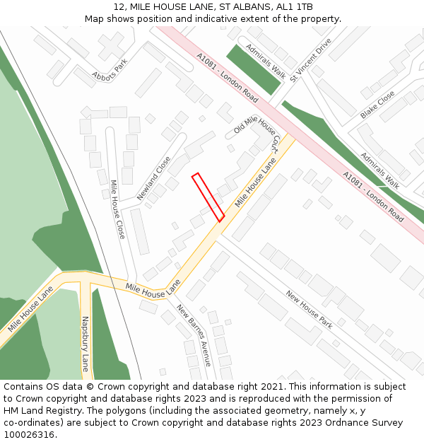 12, MILE HOUSE LANE, ST ALBANS, AL1 1TB: Location map and indicative extent of plot
