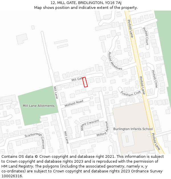 12, MILL GATE, BRIDLINGTON, YO16 7AJ: Location map and indicative extent of plot