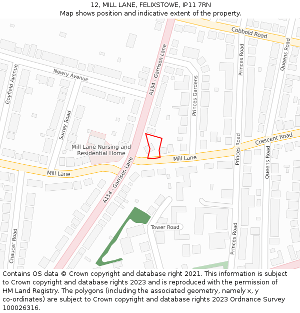 12, MILL LANE, FELIXSTOWE, IP11 7RN: Location map and indicative extent of plot